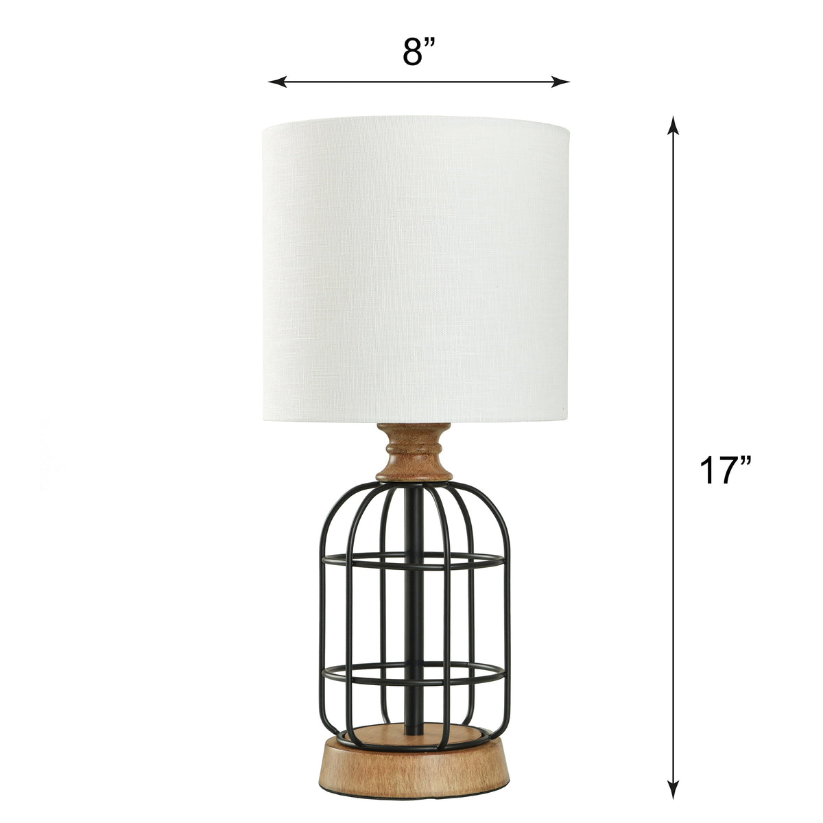 Velmora™ Black Metal Cage Table Lamp with Wood Accents and Drum Shade, 17"