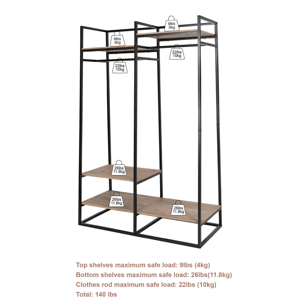 Velmora™ Jace Freestanding Metal 2-Rod Garment Clothes Rack with 4 Wooden Shelves, Black