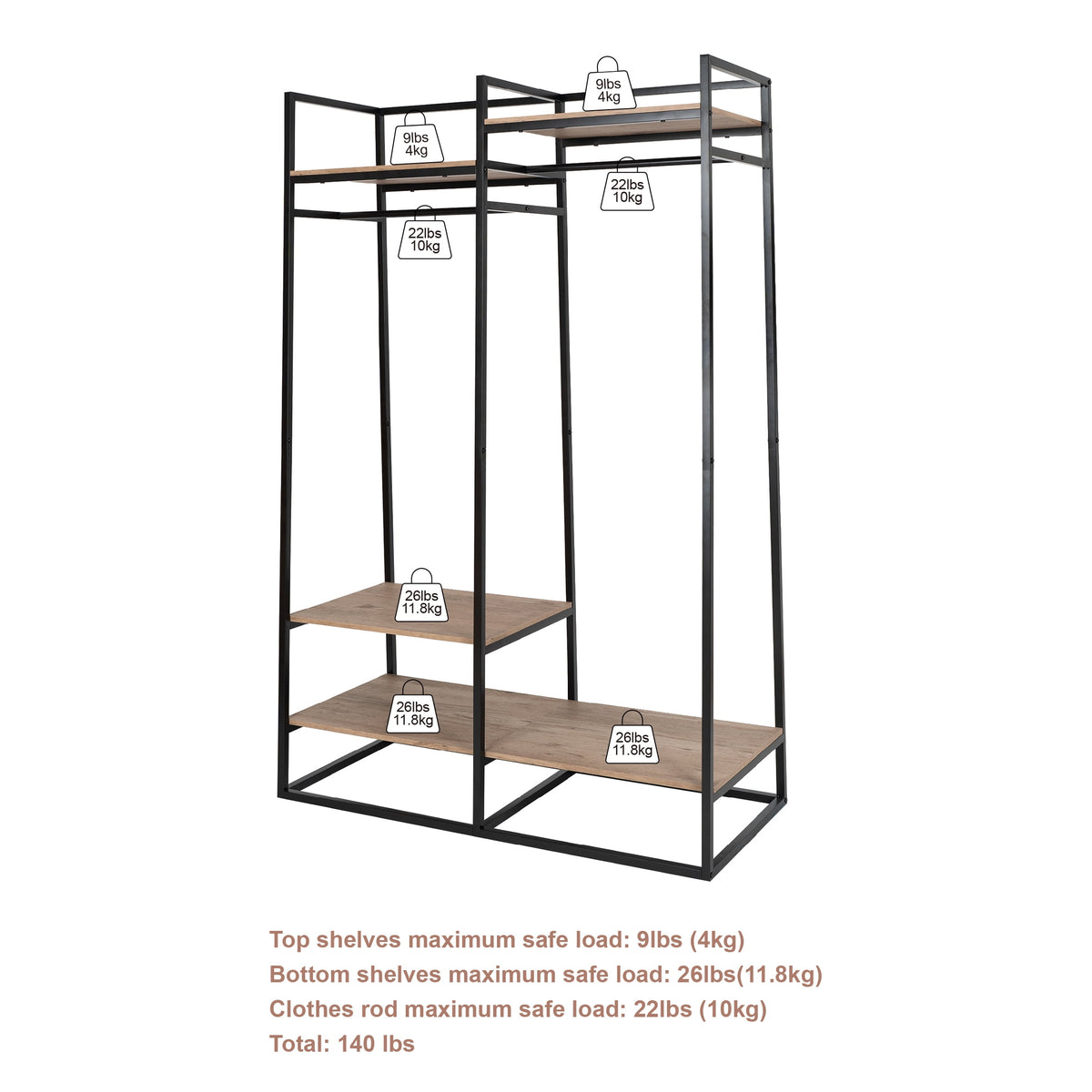 Velmora™ Jace Freestanding Metal 2-Rod Garment Clothes Rack with 4 Wooden Shelves, Black