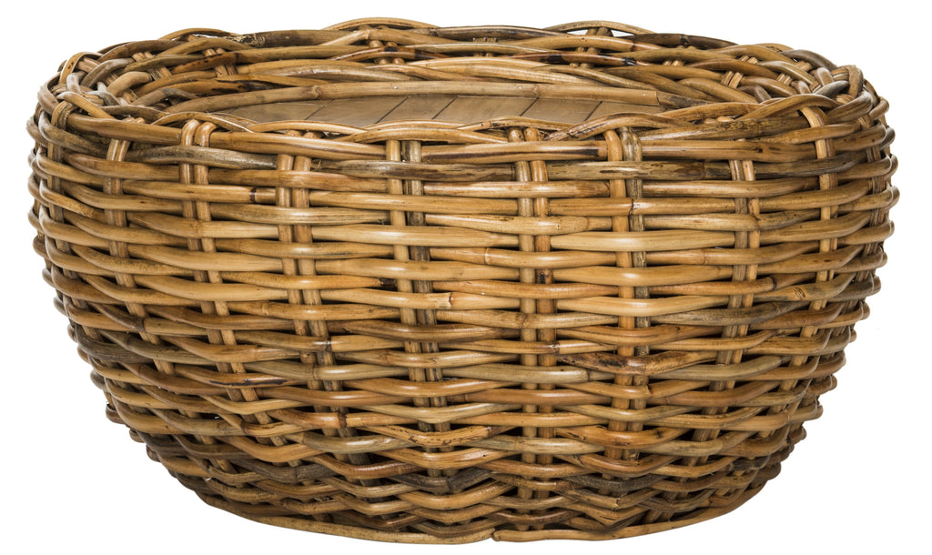Velmora™ Alley Wood Top Round Wicker Coffee Table, Natural Brown