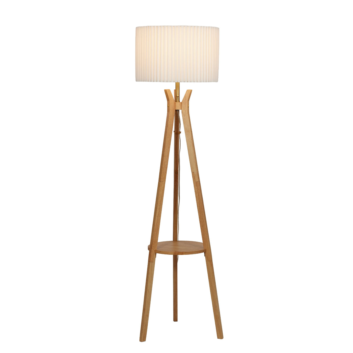 Velmora™ 63 in Natural Wood Tripod Floor Lamp with Pleated Shade