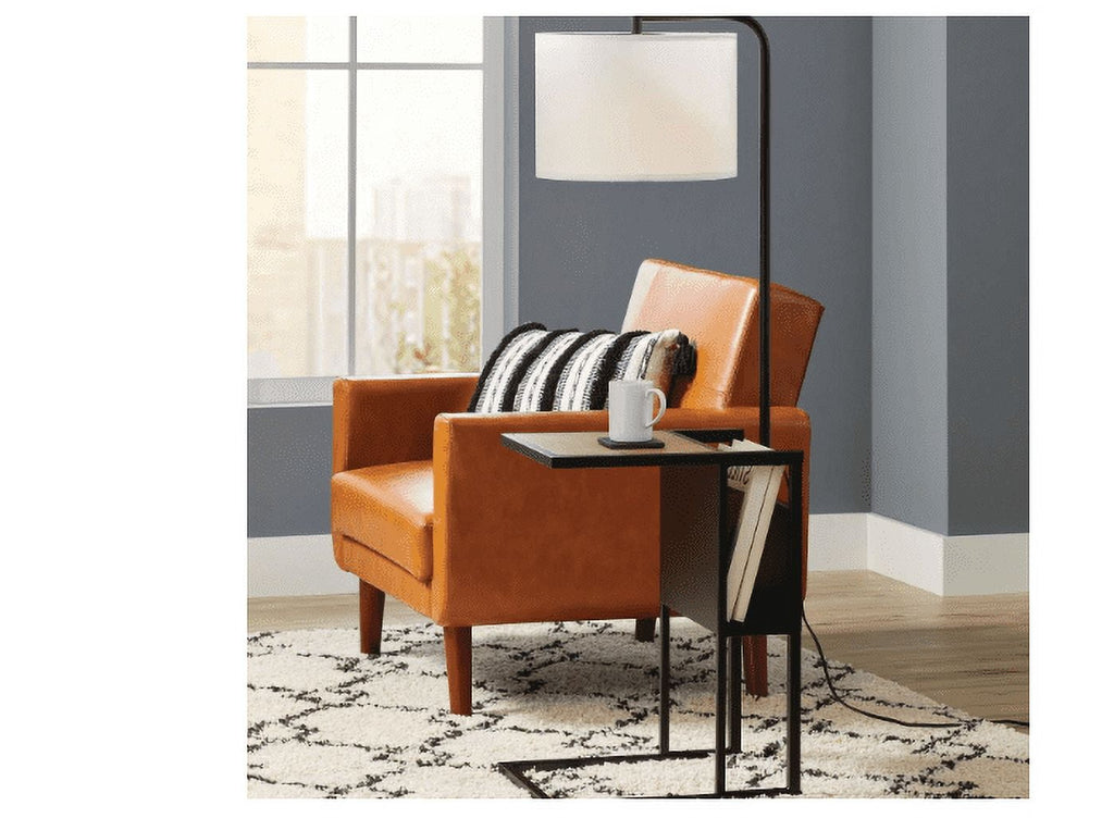 Velmora™ 54" Matte Black Metal Floor Lamp with Faux Wood Table and Magazine Rack