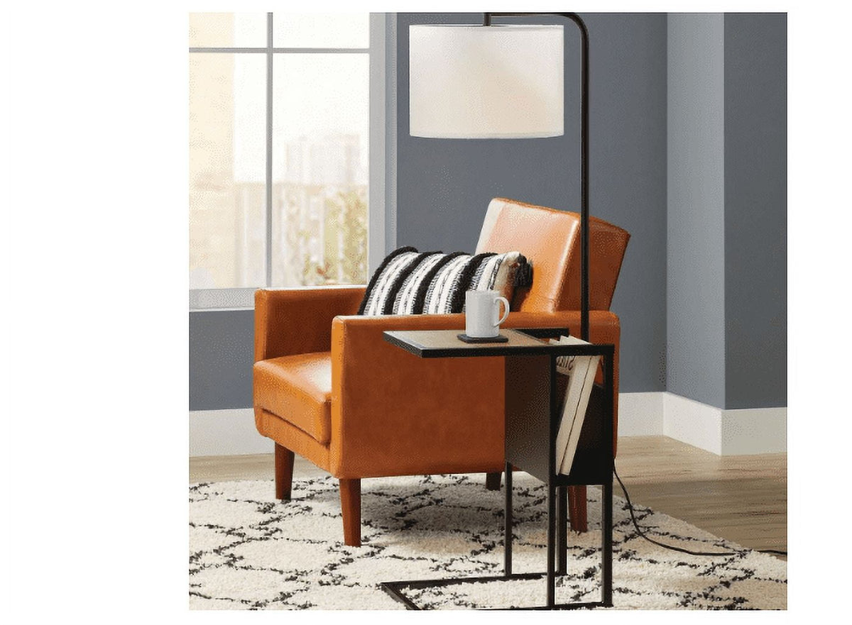 Velmora™ 54" Matte Black Metal Floor Lamp with Faux Wood Table and Magazine Rack