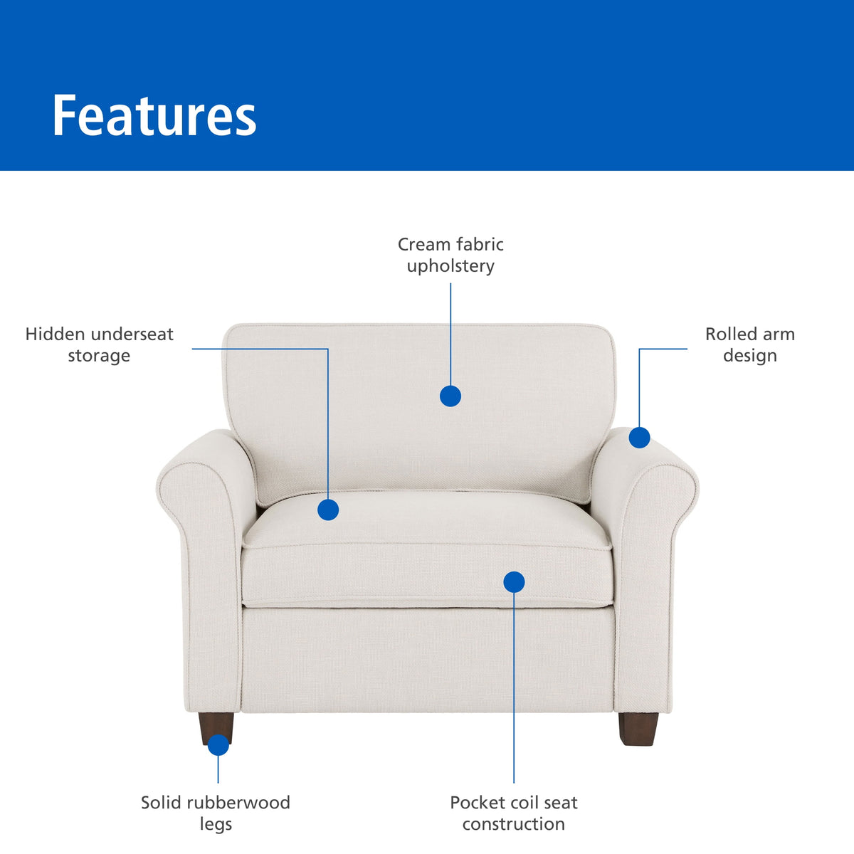 Velmora™ Rolled Arm Storage Accent Chair, Cream
