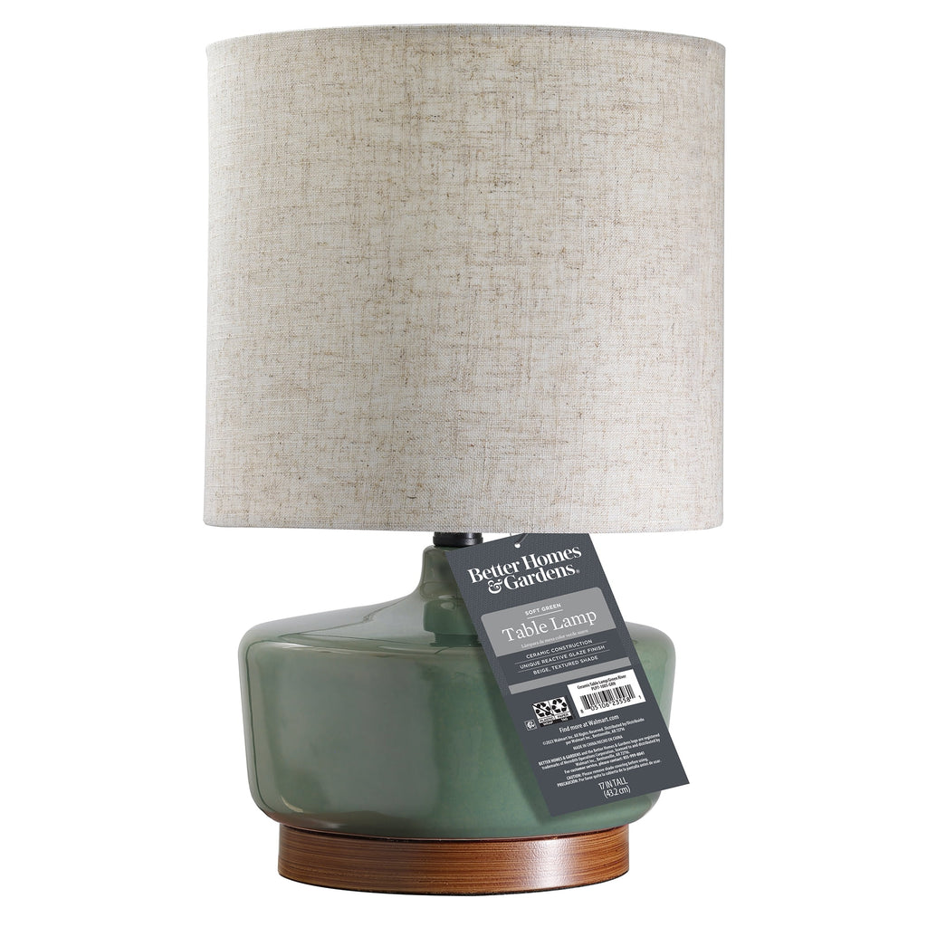 Velmora™ 17 in Mid-Century Green Ceramic Table Lamp with Wood Base