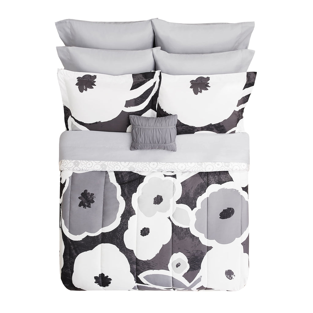 Velmora™ 10 Piece Black and White Floral Bed in a Bag Comforter Set with Sheets, King