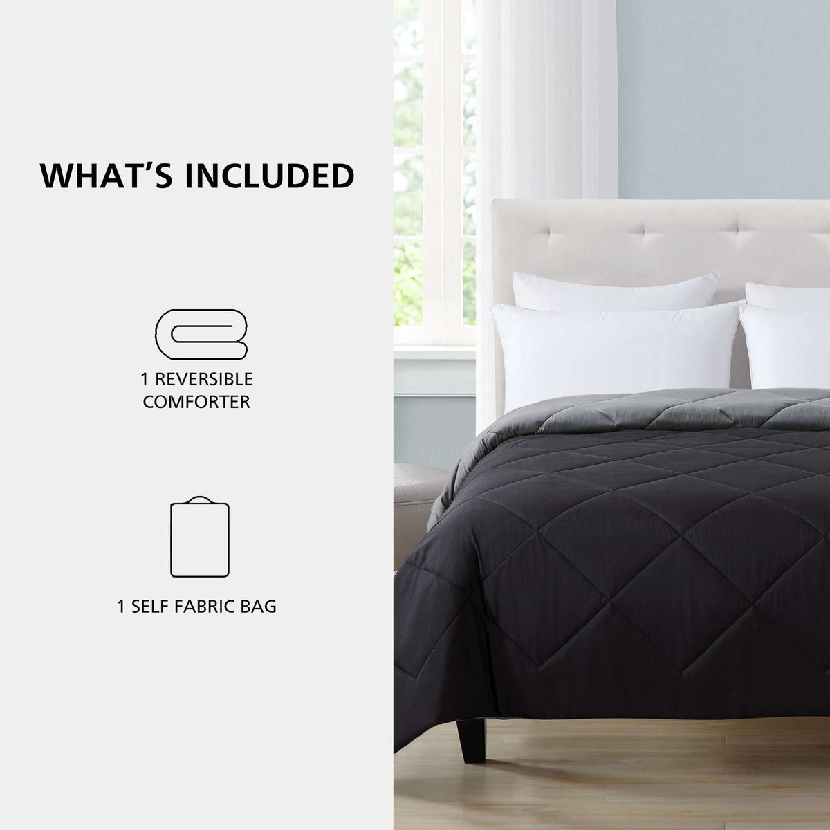 Velmora™ Full/Queen Comforter, All-Season Reversible Microfiber, Black