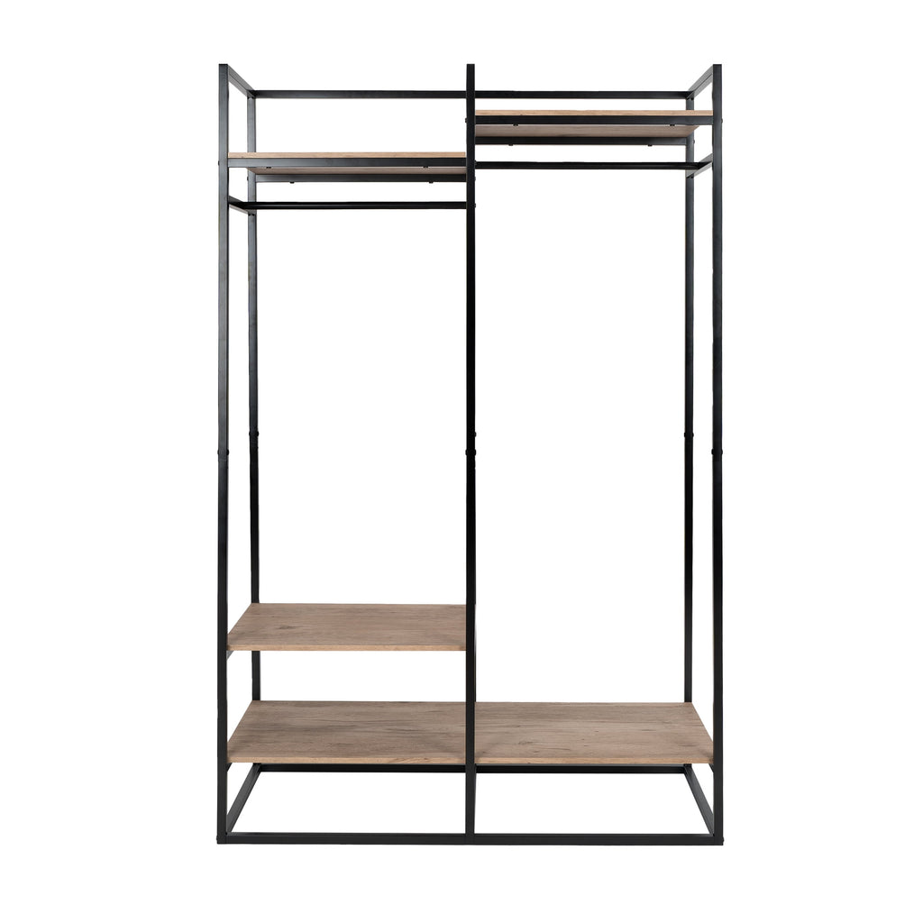 Velmora™ Jace Freestanding Metal 2-Rod Garment Clothes Rack with 4 Wooden Shelves, Black