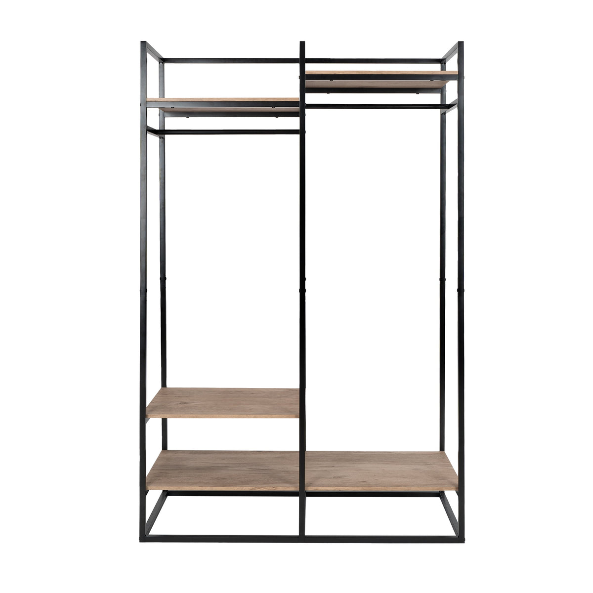 Velmora™ Jace Freestanding Metal 2-Rod Garment Clothes Rack with 4 Wooden Shelves, Black