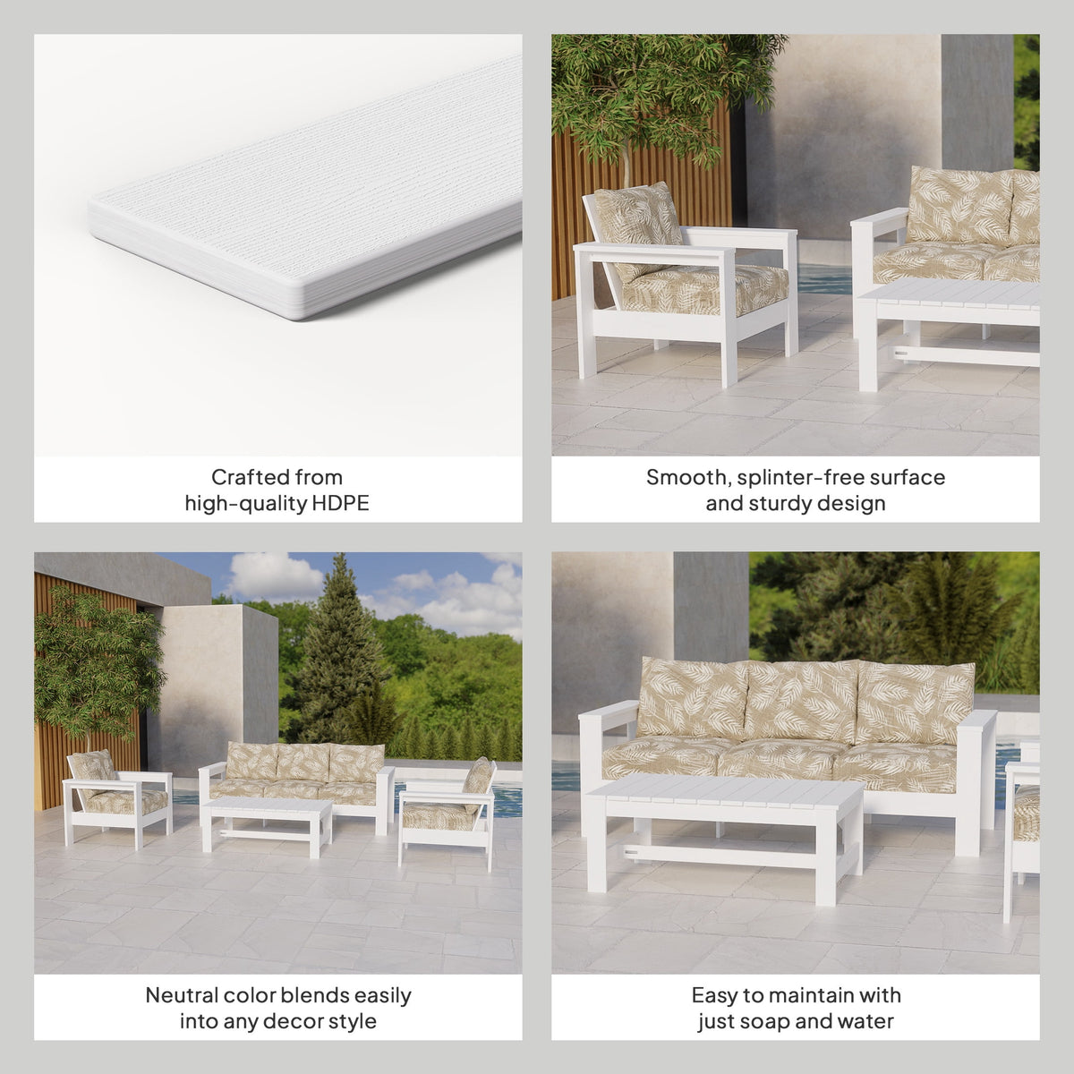Velmora™ Ezra 4-Piece Outdoor HDPE Conversation Set, White with Neutral Palm Cushions