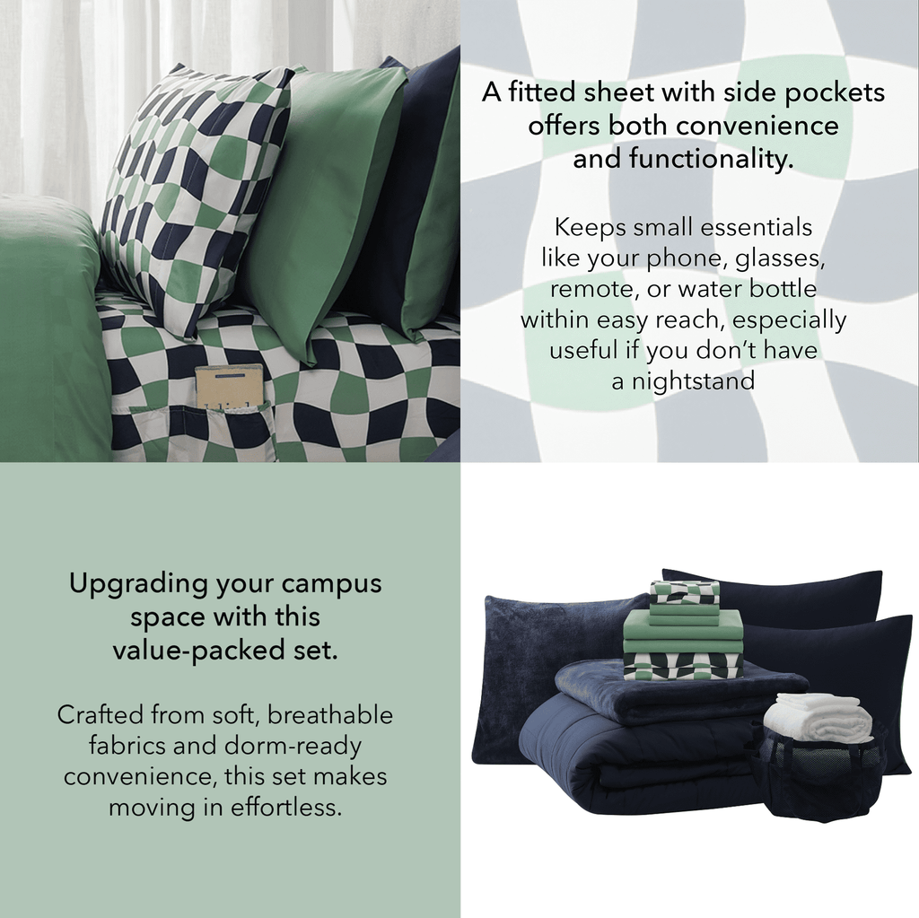 Velmora™ Dorm Essentials 14-Piece Bed-in-a-Bag Comforter Set, Twin-XL, Reversible Navy/Green