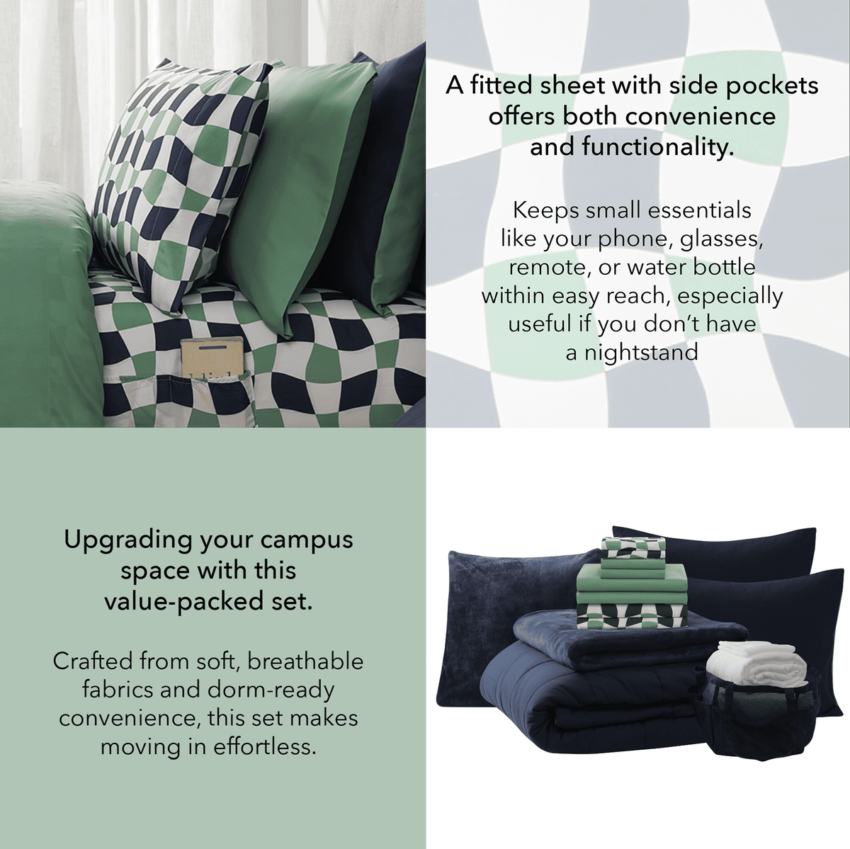 Velmora™ Dorm Essentials 14-Piece Bed-in-a-Bag Comforter Set, Twin-XL, Reversible Navy/Green