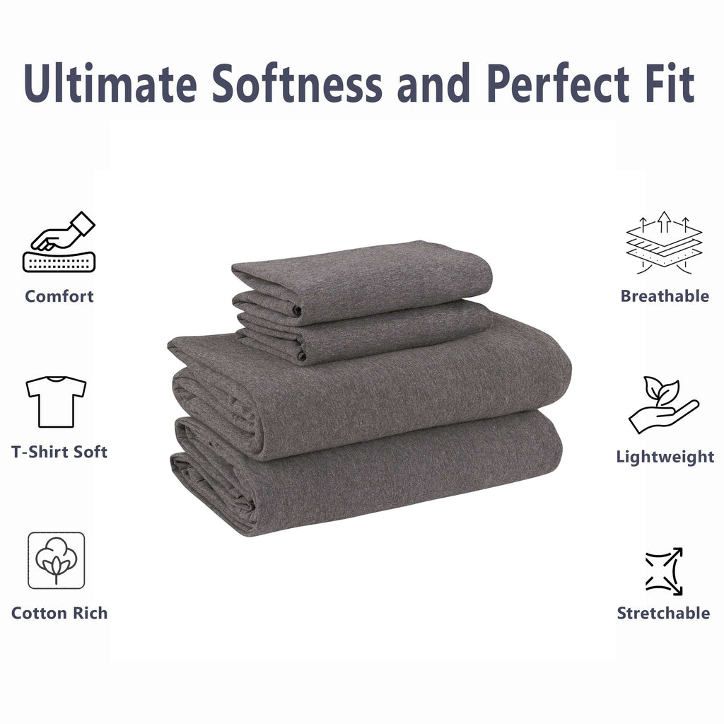 Velmora™ Cotton Rich Extra Soft Jersey Bed Sheet Set, Queen, Charcoal, 4 Pieces