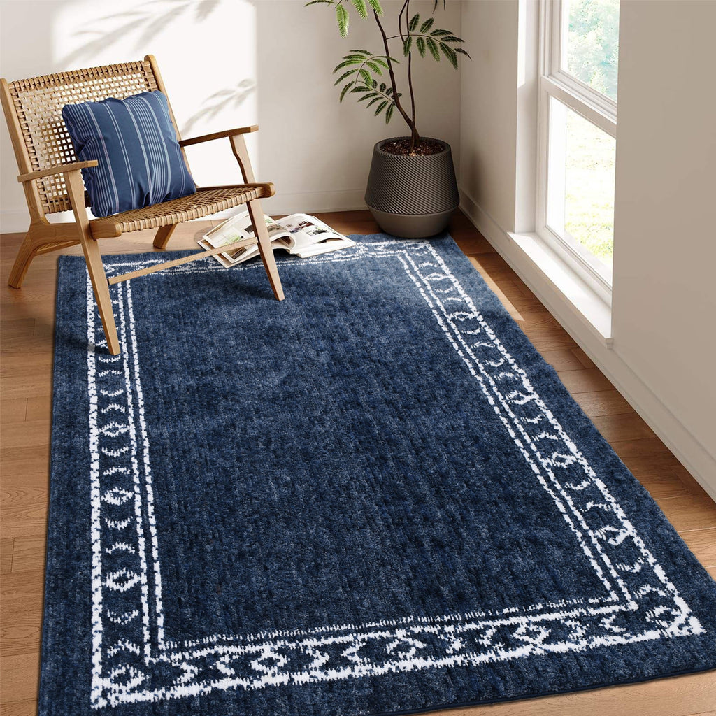 Velmora™ Washed Indigo Bordered Tufted Washable Area Rug, 5 ft x 7 ft
