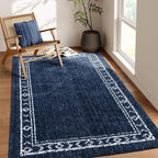 Velmora™ Washed Indigo Bordered Tufted Washable Area Rug, 5 ft x 7 ft