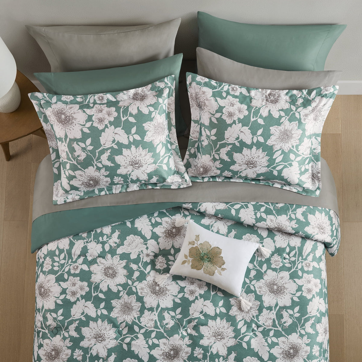 Velmora™ Reversible Bed-in-a-Bag Bedding Set, 11 Pieces, Queen, Green Floral
