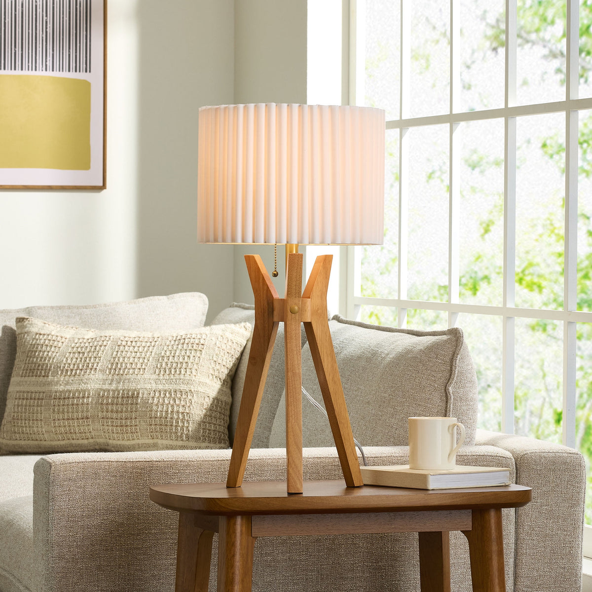 Velmora™ 24 in Tripod Table Lamp with Natural Wood Base and Pleated Shade