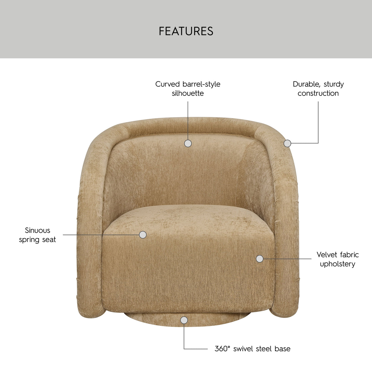 Velmora™ Sienna Swivel Accent Chair, Caramel Velvet Fabric