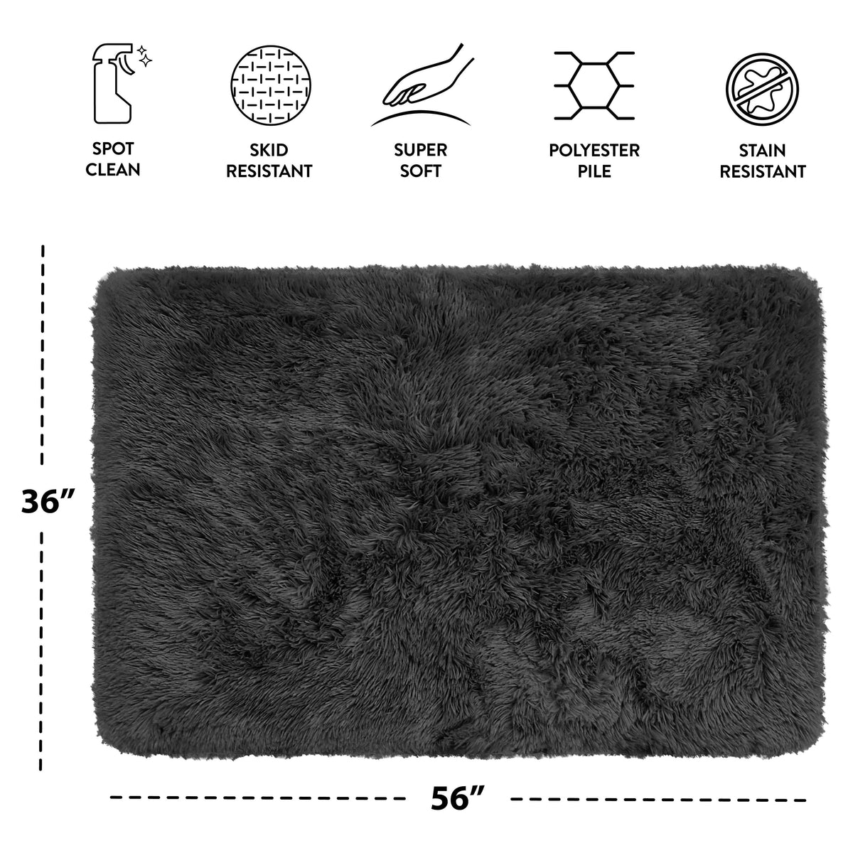 Velmora™ Black Fluffy Shag Faux Fur Area Rug, 36 in x 56 in