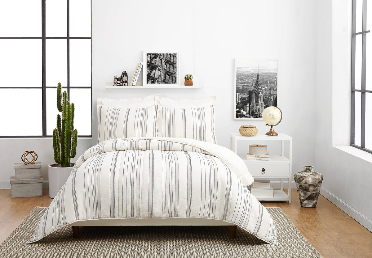 Velmora™ Ticking Stripe Cotton Quilt, Off-White, Full/Queen, All Ages