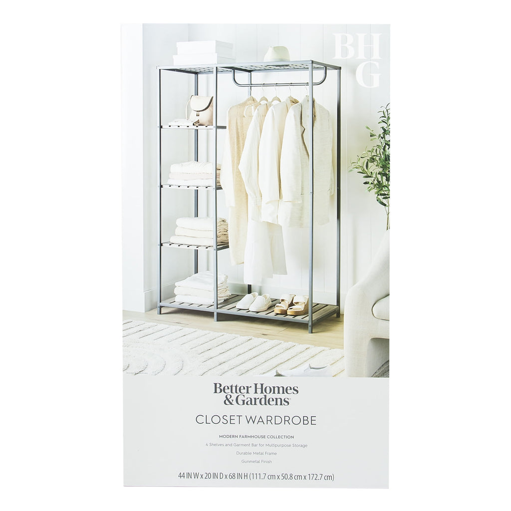 Velmora™ Farmhouse Style Gray Wood and Metal Clothes Rack with Garment Rod