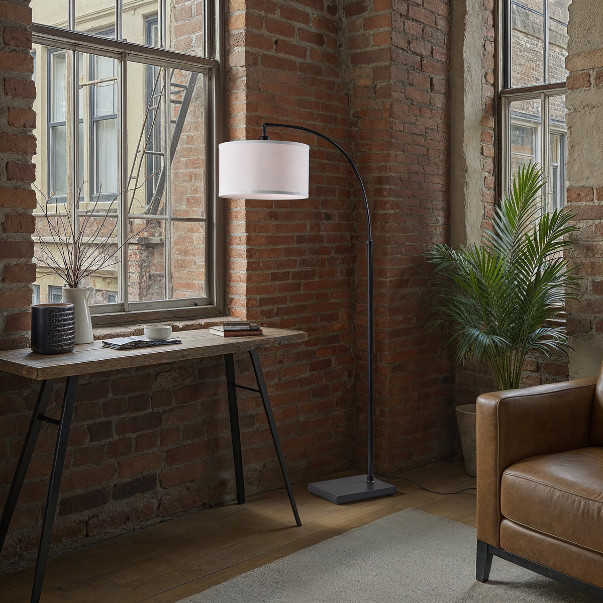 Velmora™ Michelle 71-Inch Metal Arc Floor Lamp with White Fabric Shade and 3-Way Switch