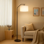 Velmora™ 62 in Black Metal Angled Downbridge Floor Lamp with White Linen Shade