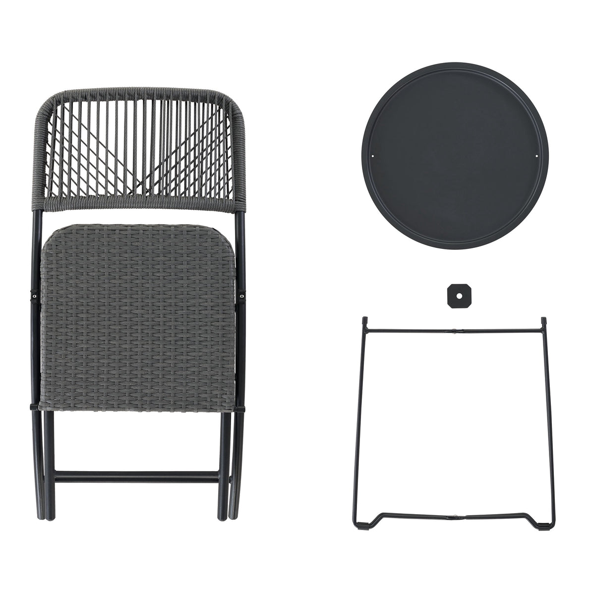 Velmora™ 3-Piece Steel and Wicker Rope Folding Outdoor Patio Bistro Set, Gray/Black