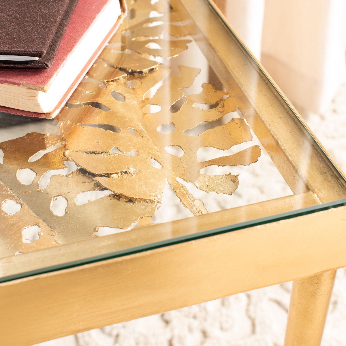 Velmora™ Leilani Modern Palm Leaf Glass Side Table, Gold Leaf