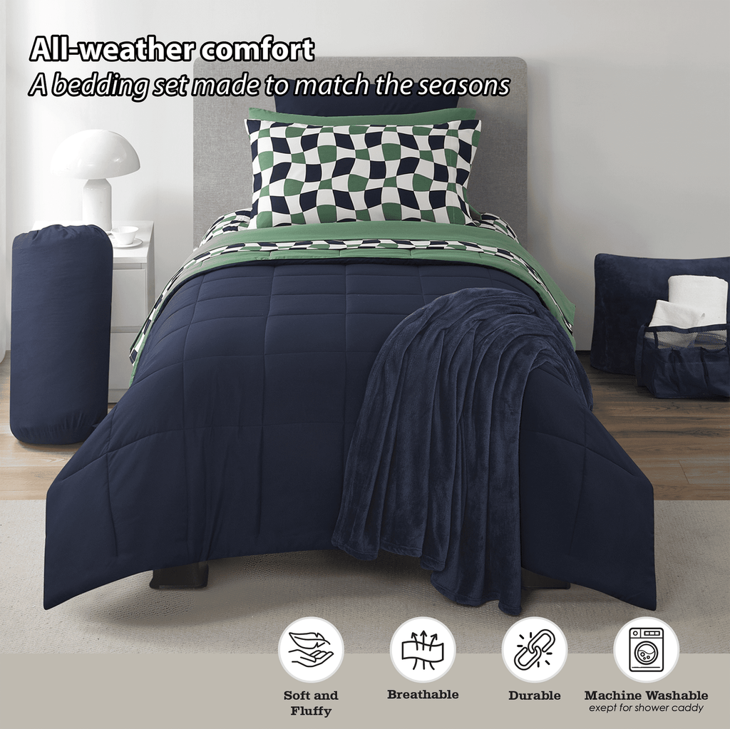 Velmora™ Dorm Essentials 14-Piece Bed-in-a-Bag Comforter Set, Twin-XL, Reversible Navy/Green