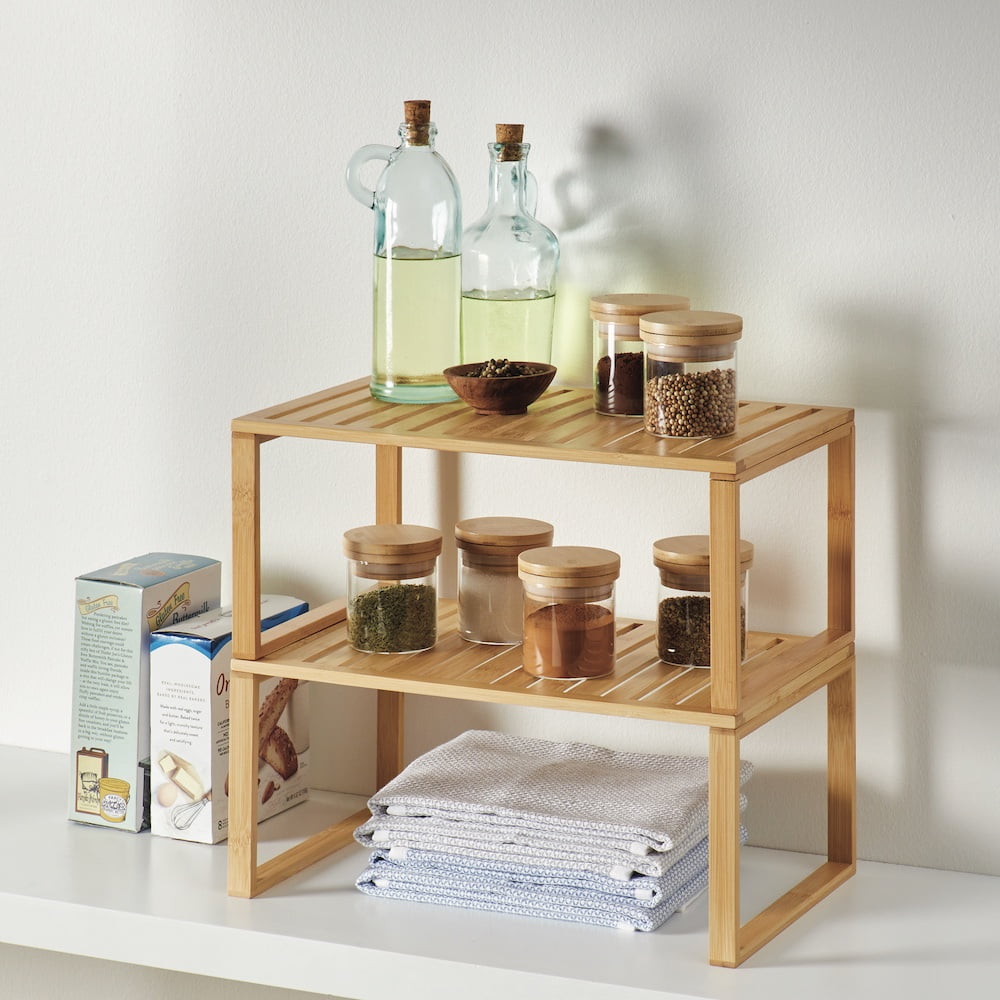Velmora™ (2 pack) Bamboo Stackable Shelf, Natural Bamboo Color, Easy Assemble, 16 x 10 x 1.18in