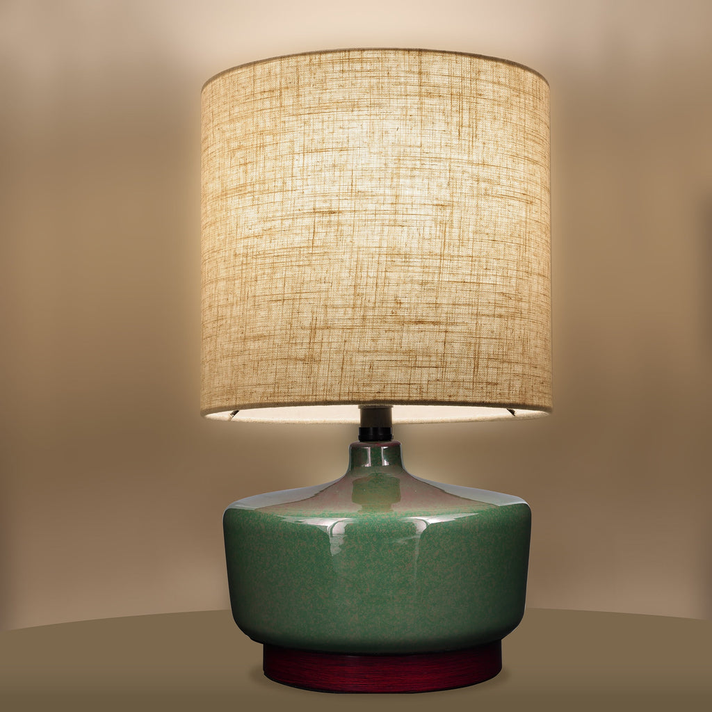 Velmora™ 17 in Mid-Century Green Ceramic Table Lamp with Wood Base