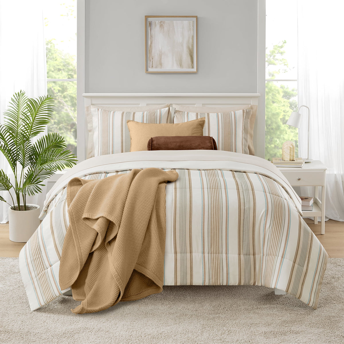 Velmora™ Bed in a Bag Bedding Set, 7 Piece, King, Beige Stripe