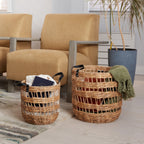Velmora™ 2-Pack Round Decorative Storage Baskets with Faux Leather Handles, Natural, 14.5 in x 16.5 in