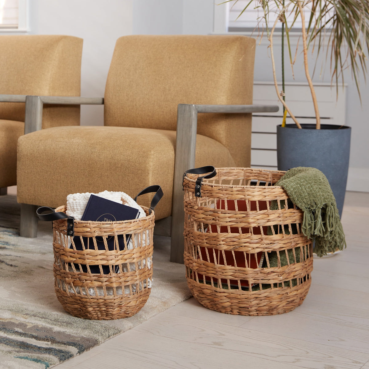 Velmora™ 2-Pack Round Decorative Storage Baskets with Faux Leather Handles, Natural, 14.5 in x 16.5 in