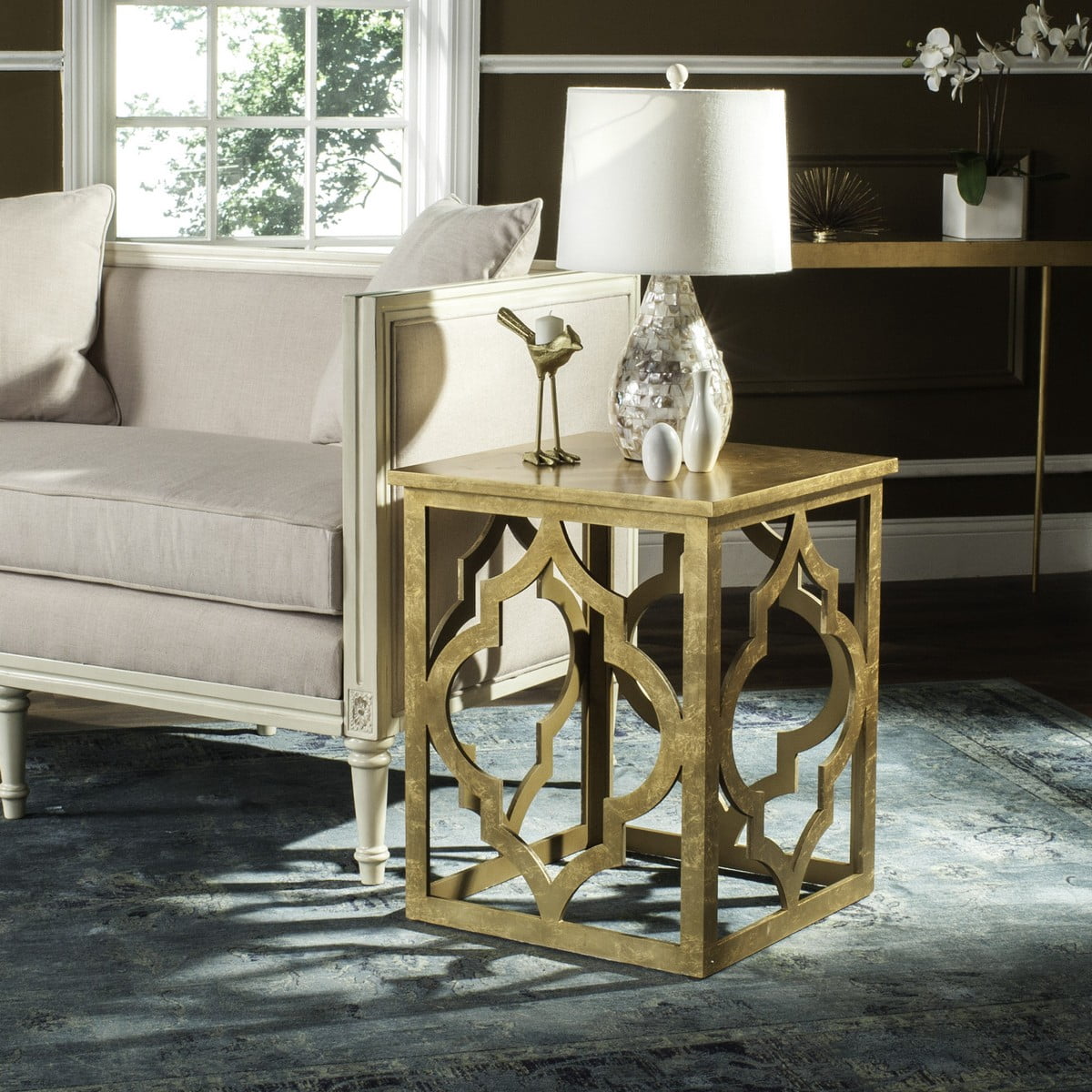 Velmora™ Milo Trellis Glam Gold Leaf Wood End Table, Gold