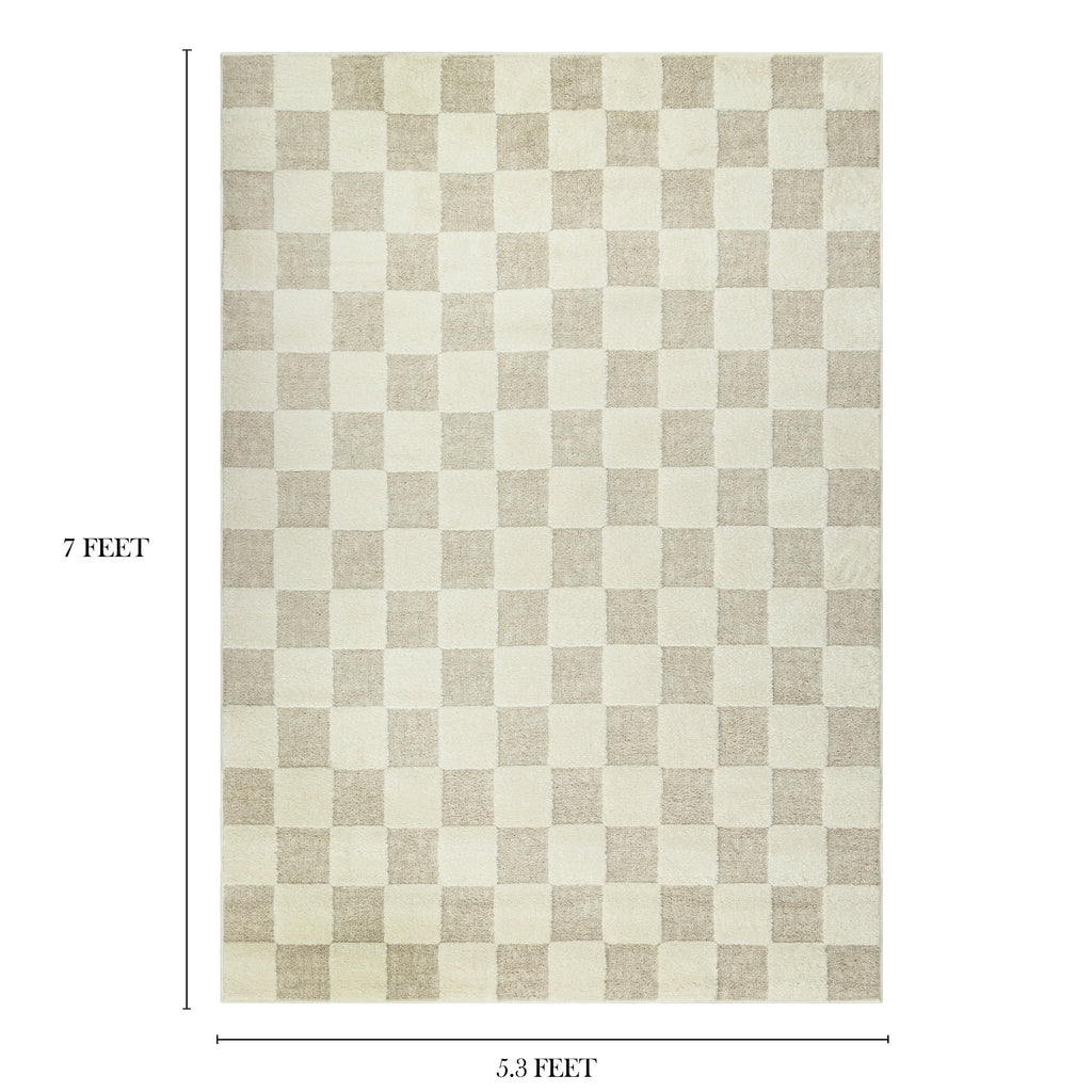 Velmora™ Indoor Area Rug, Transitional Check Ivory Tan, 5 ft 3 in x 7 ft