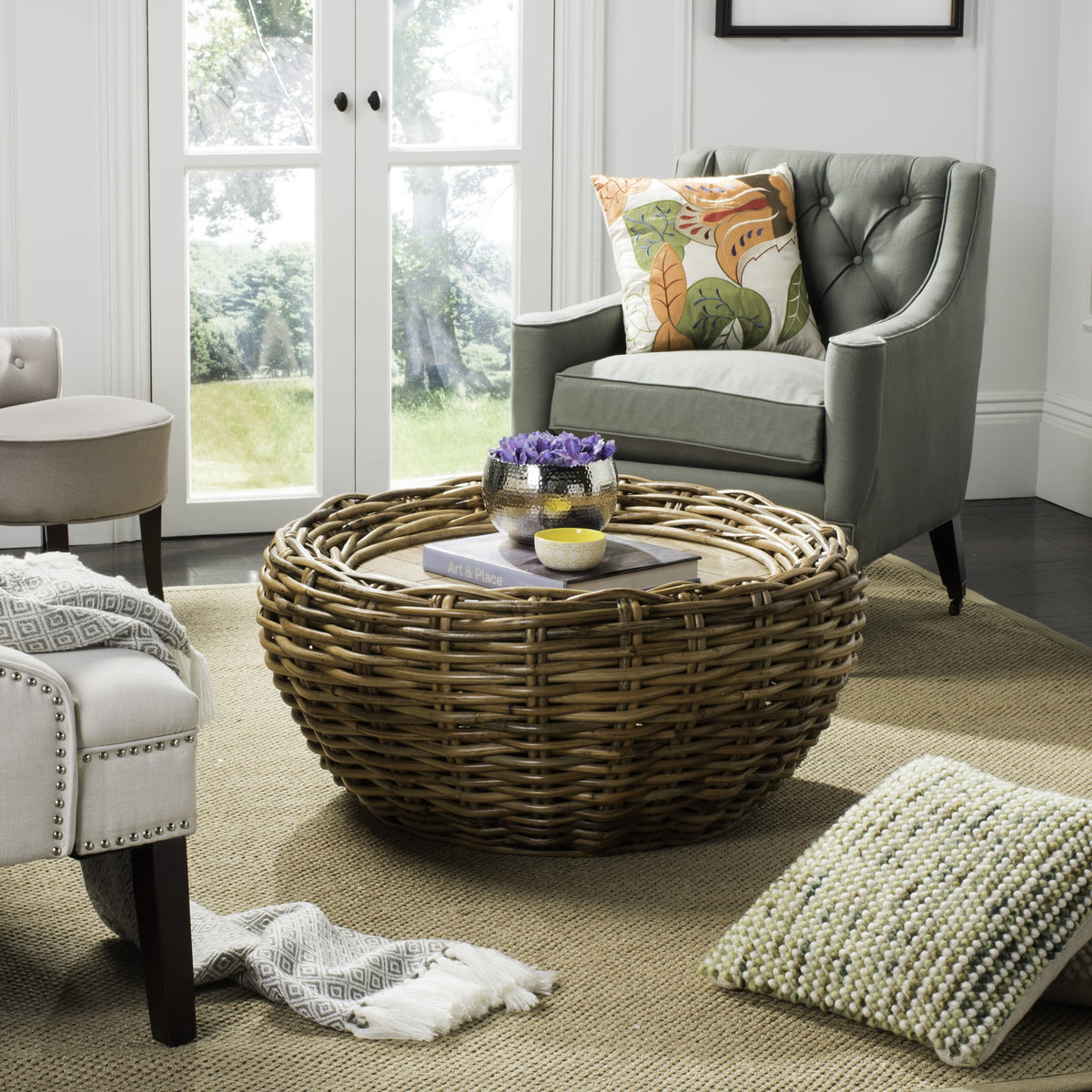 Velmora™ Alley Wood Top Round Wicker Coffee Table, Natural Brown