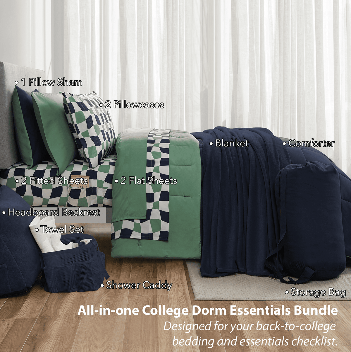 Velmora™ Dorm Essentials 14-Piece Bed-in-a-Bag Comforter Set, Twin-XL, Reversible Navy/Green