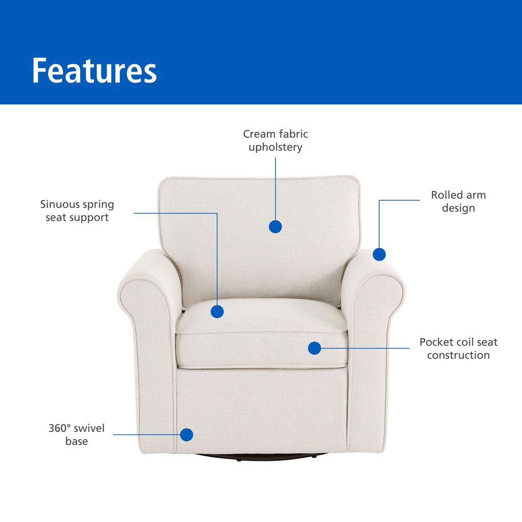 Velmora™ Swivel Accent Chair with Rolled Arms, Cream Fabric Upholstery