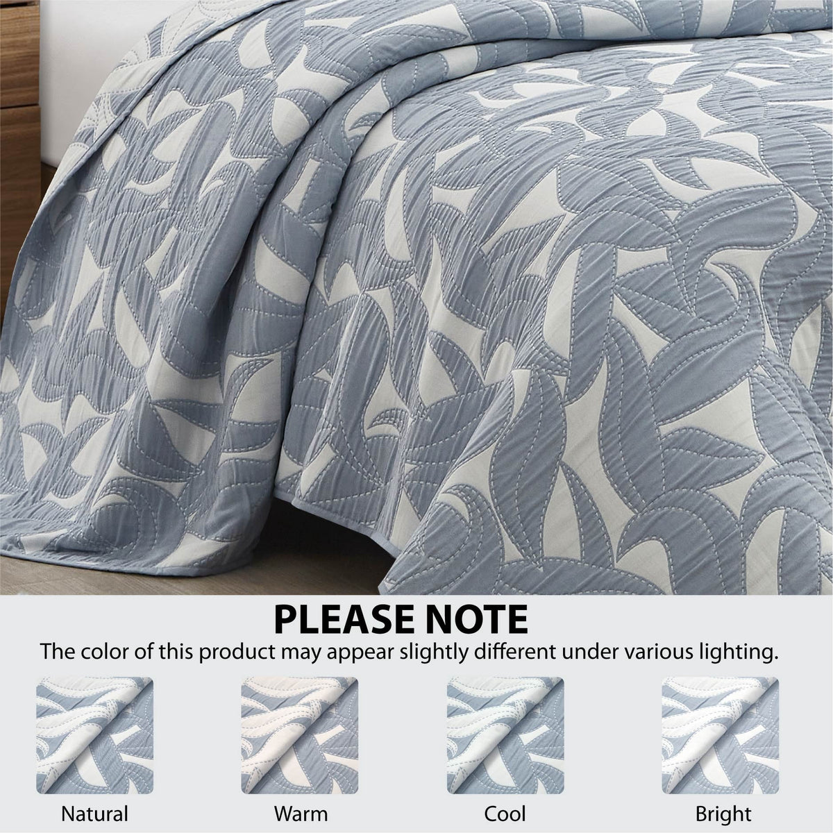 Velmora™ Reversible King Quilt, Light Blue, Leaf-Stitched, Lightweight Bedding
