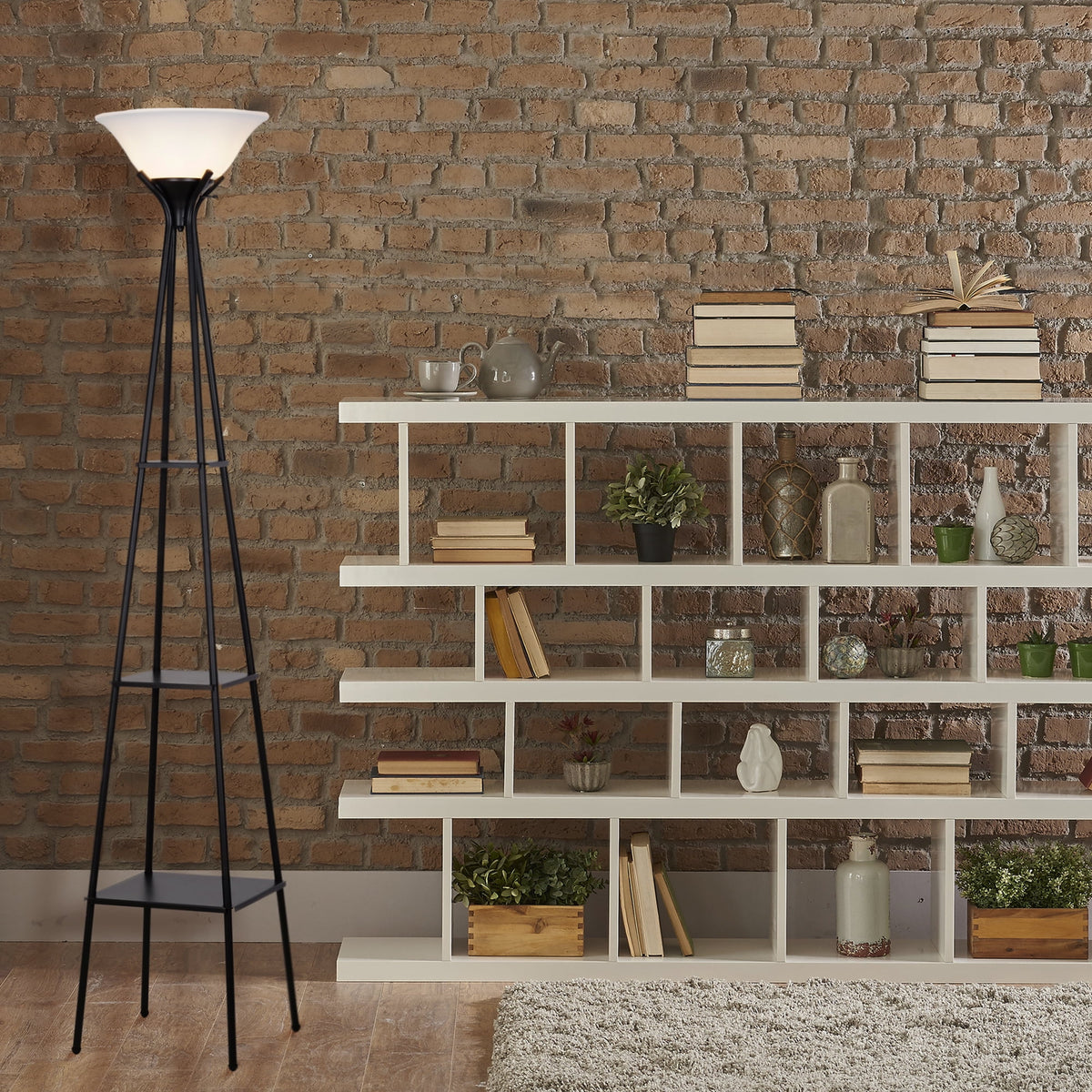 Velmora™ Metal Etagere Floor Lamp with Shelves, Charcoal Finish