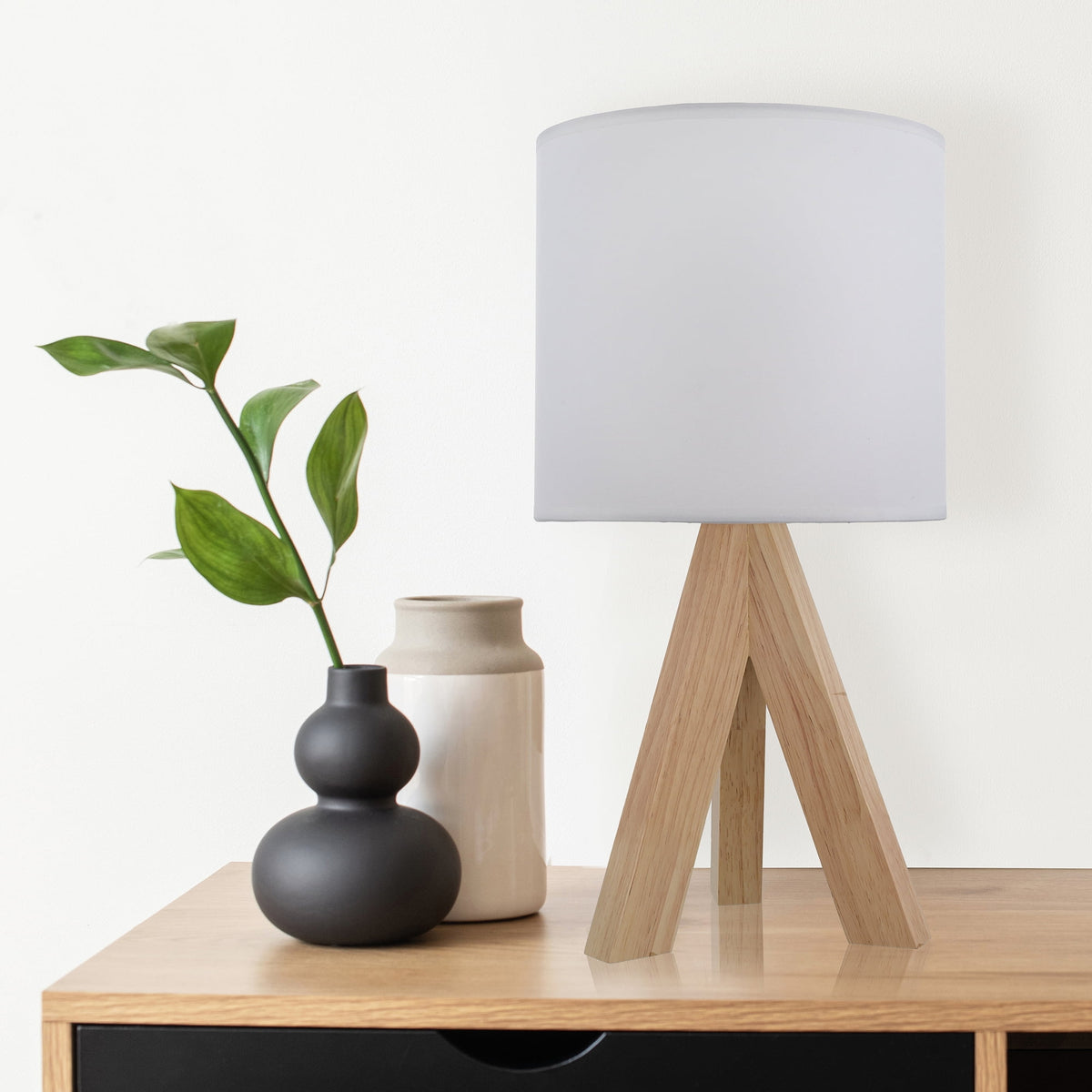 Velmora™ (2 pack) Tripod Table Lamp with Oak Finish and White Shade, 16.75 in H, One Size