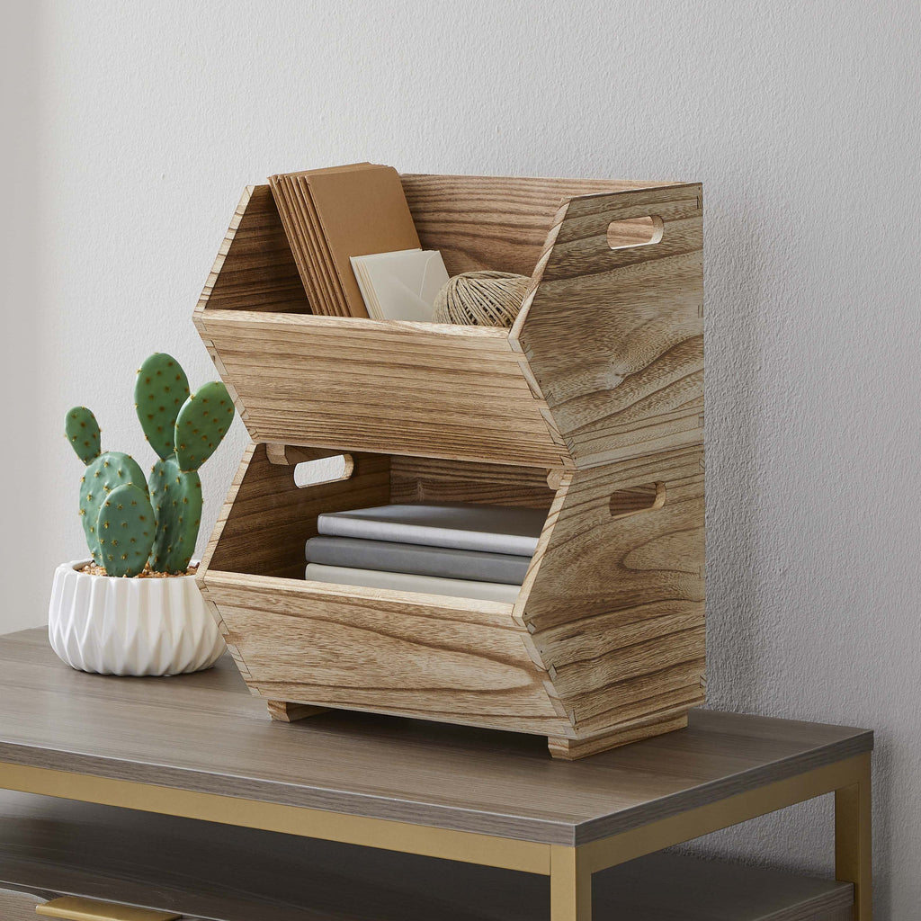 Velmora™ 2-Piece Set Natural Wood Stacking Open Front Decorative Storage Bins, 11 in x 16.5 in x 10 in
