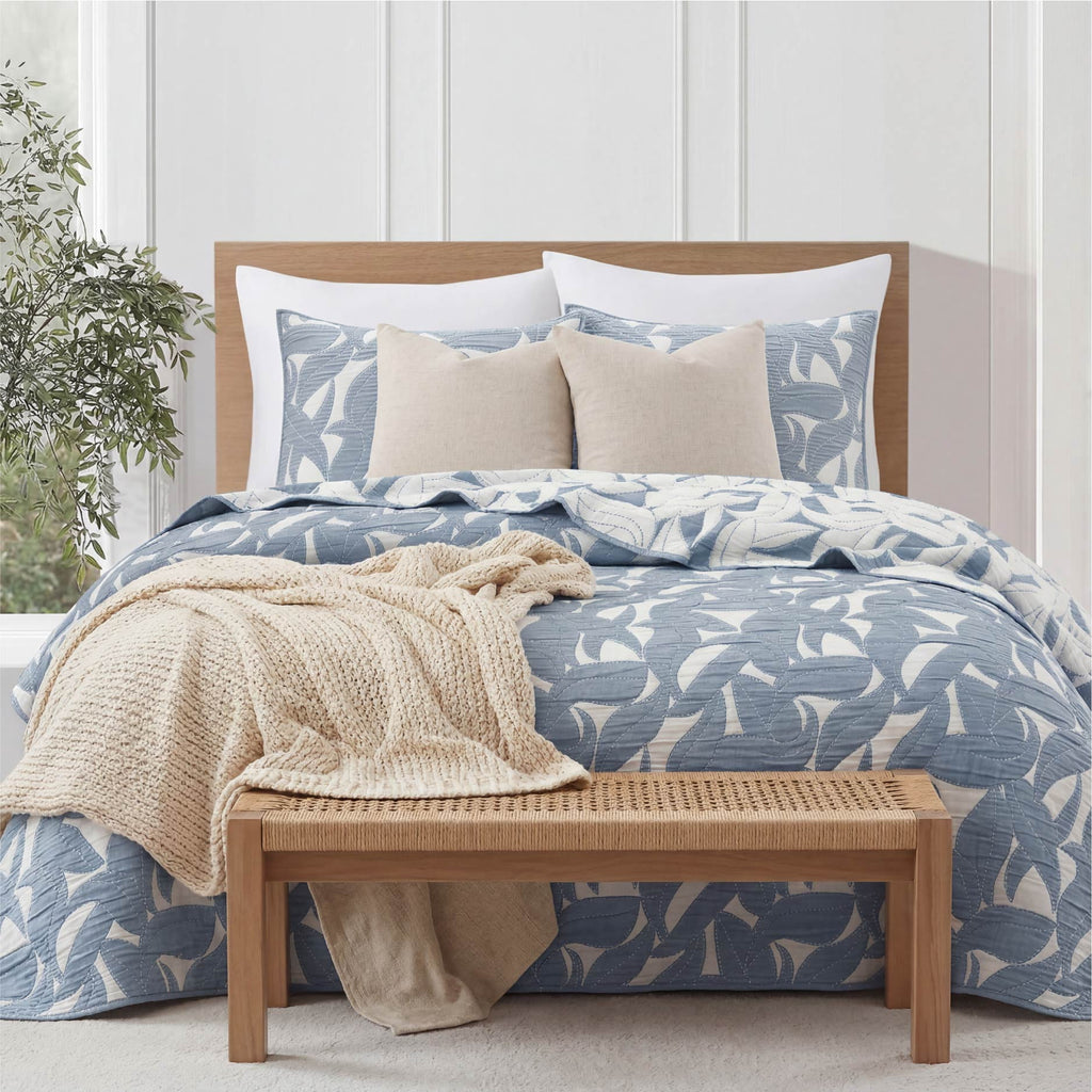 Velmora™ Reversible King Quilt, Light Blue, Leaf-Stitched, Lightweight Bedding