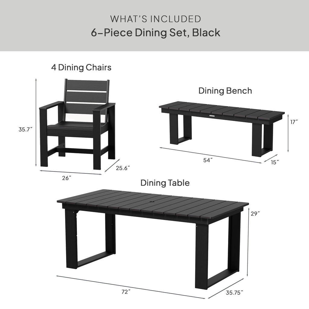Velmora™ Ezra 6-Piece Outdoor HDPE Dining Set with Bench, Black