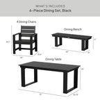 Velmora™ Ezra 6-Piece Outdoor HDPE Dining Set with Bench, Black
