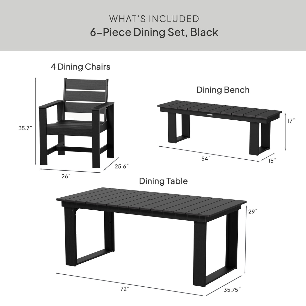 Velmora™ Ezra 6-Piece Outdoor HDPE Dining Set with Bench, Black