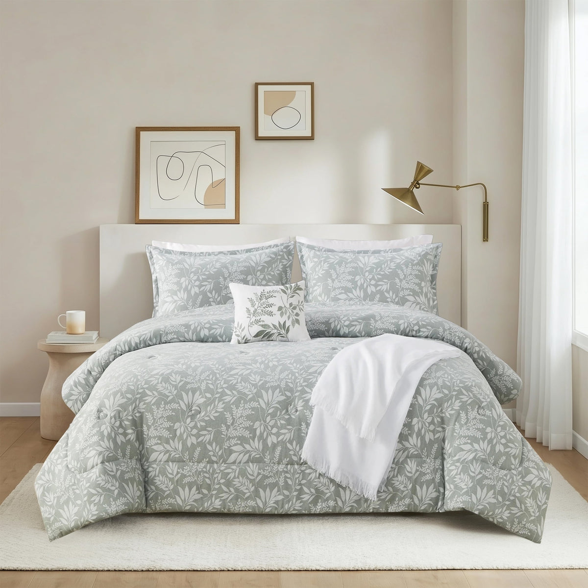Velmora™ 5-Piece Jacquard Comforter Set with Decor Pillow and Throw Sage Green Floral Bedding Set, Full/Queen