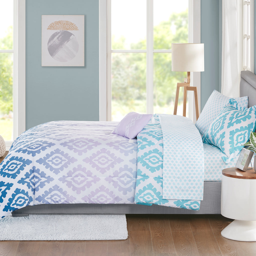 Velmora™ Teal and Purple 6 Piece Bed in a Bag Comforter Set with Sheets, Twin/Twin XL